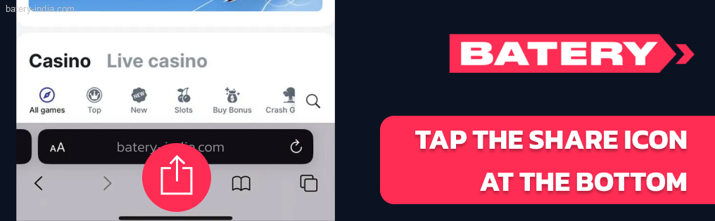 Tap the Share icon Batery Bet iOS App