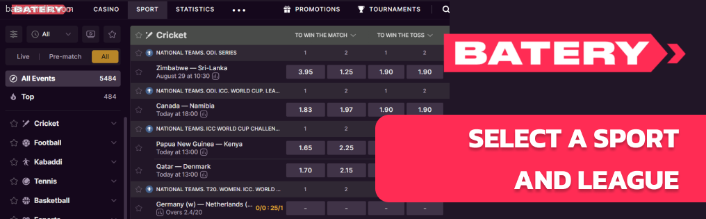 Select a sport on Batery Bet
