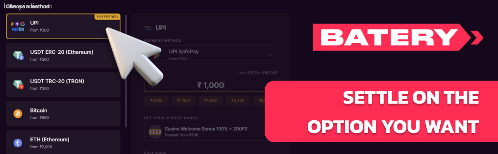 Settle on the option you want to use Batery Bet
